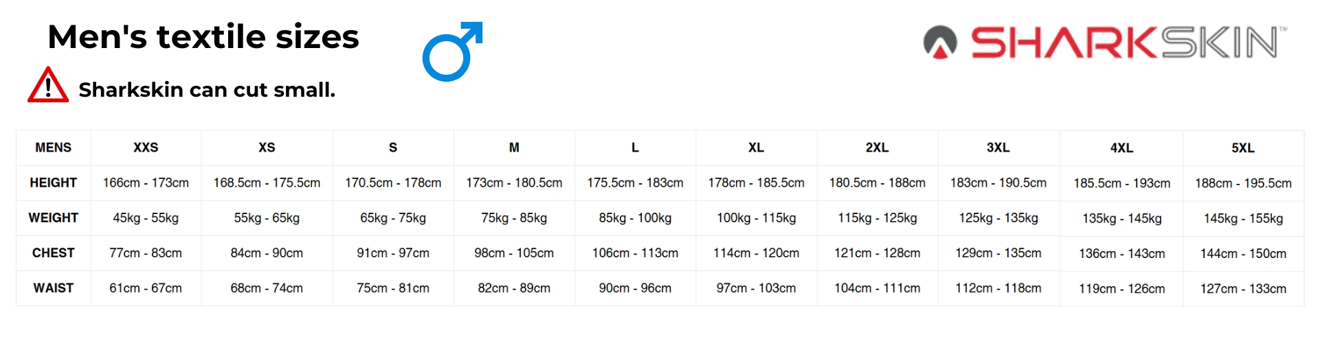 Sharkskin men's sizing guide